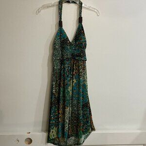 Brown/blue/green paisley halter dress with wood bead detail